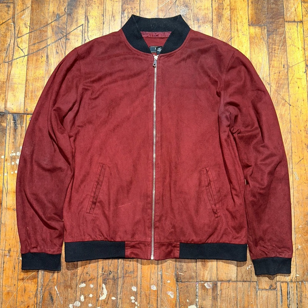 FOREVER 21 Bomber Jacket Men's XL Maroon Long Sleeve Pocket Full Zipper Comfort‎